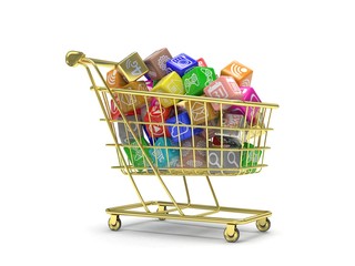 shopping cart with application software icons isolated on a white background. 3d rendering.