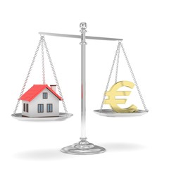Isolated silver scales with golden euro and house on white background. Investment or savings concept. Real estate and currency. 3D rendering.
