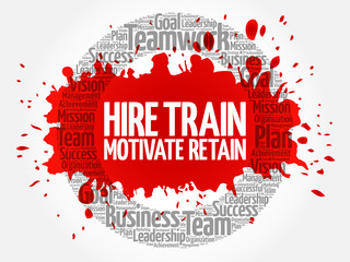Hire, Train, Motivate and Retain circle word cloud, business concept
