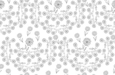 Hand drawn seamless pattern with stylized flowers. Monochrome floral background. Black and white vector illustration. Can be used for wallpapers, textiles, fabrics, textures, wrapping paper, cards.