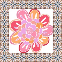 Beautiful napkin with cute hand drawn flower. Vector card with ornamental border. 