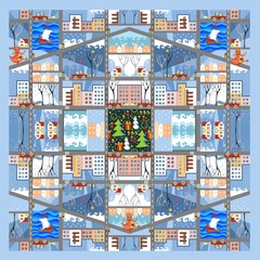 Cute card with fairy winter town. Cartoon map. Vector illustration.