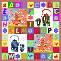 Tea party with happy dragons. Childish patchwork pattern with fantasy dragons, teapots and alphabet. Cute colorful vector illustration of quilt.