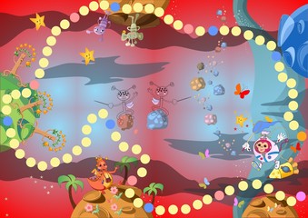 Game for children - journey through the space with different planets and aliens. Vector illustration.