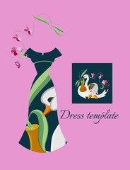 Card with elegant female dress and illustration of swan. Vector template. Fashion design. 