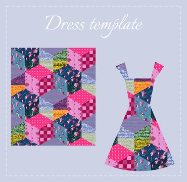 Card With Beautiful Summer Patchwork Female Dress. Colorful Seamless Patchwork Pattern. Fashion Design. Vector Illustration.