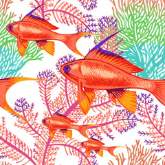 Seamless vector pattern with fish and corals.