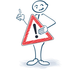 Strichmännchen mit einem Hinweisschild und Rufzeichen vor dem Körper