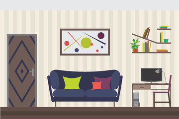 Furniture Set. Flat Vector Illustration for you Interior Design. Elevation with Door, Sofa, Table, Chair, Shelves and Clocks