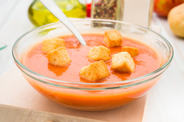 gazpacho soup with croutons in round bowl