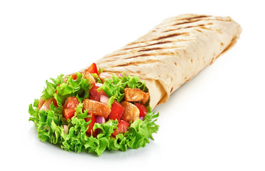 Burrito with grilled chicken and vegetables isolated on white ba