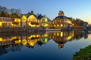 Illuminated building of the museum hydro power.Hucak,Hradec Kralove./Illuminated building of the...