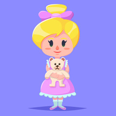 Little cute cartoon girl holding bear stuff