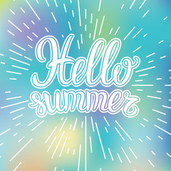 Obraz premium Vector hand lettering typography poster Hello summer on blurred background. Handwritten summer lettering. Summer banner. Hello summer calligraphy . Summer fun quote. Hello summer card. Summer placard.