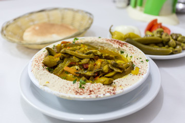 hummus salad with mushrooms. Popular salad in Israel