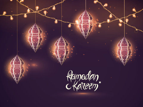 Greeting Card with Lamps for Ramadan Kareem.