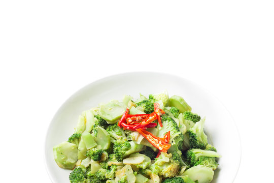Thai food stir fried broccoli called Pad Pak isolated on white background