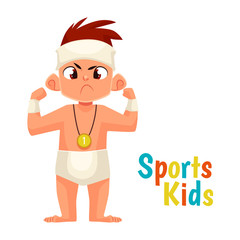 baby diapers winner cartoon comic vector illustration isolated on white background baby in diapers won and won first place, man's strength and courage, strong face the winner