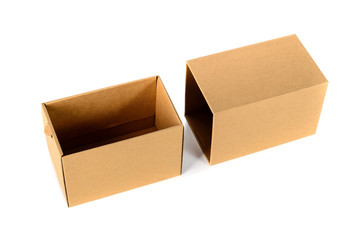 Brown cardboard box package with cover, isolated on white backgr