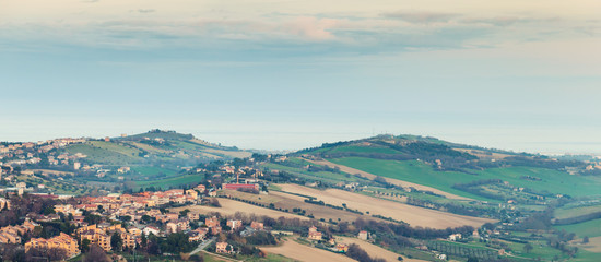 Rural panorama of Italian countryside. Italy, Fermo