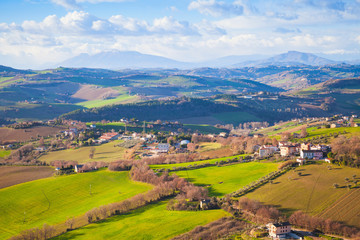 Province of Fermo, Italy. Villages and fields on hills