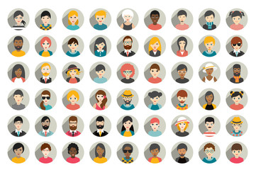 Mega set of circle persons, avatars, people heads  different nationality in flat style. Vector.