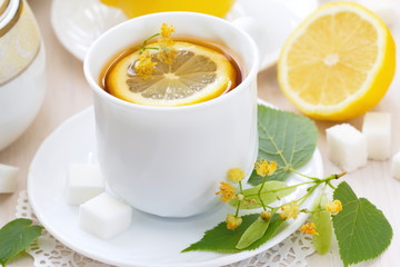 Herbal tea with linden flowers and lemon