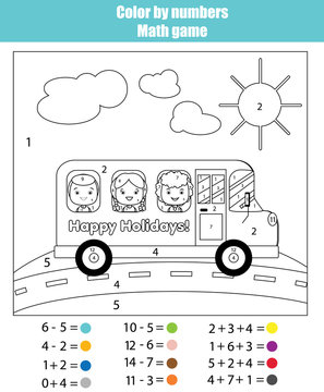 Coloring page with kids in school bus. Color by numbers math game