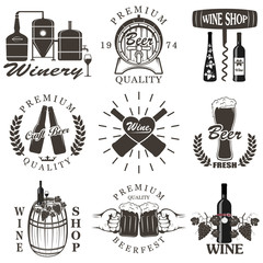 Set of wine and beer signs, badges