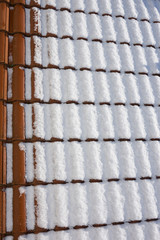 Snow on the roof. Winter scene. Winter background