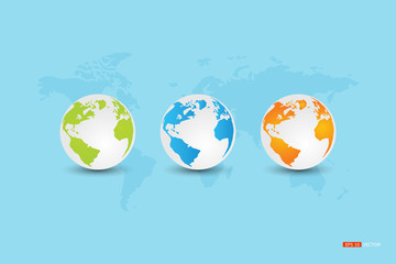 Globe three green, blue, orange on blue background with a map of the world.Vector eps 10