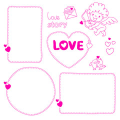 Set of hand drawn love story quote dashed line boxes