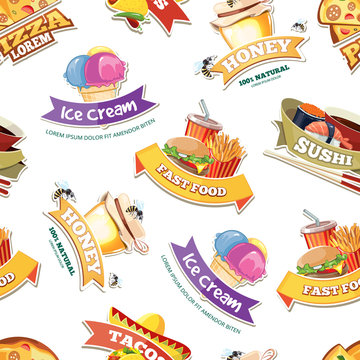 vector seamless pattern with emblems of food illustrations