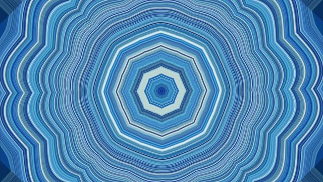 Fractal  caleidoscopico simetrico de anillos concentricos que fluctuan en colores azul y blanco
