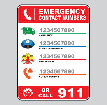 emergency call number sign (ambulance, police department, fire brigade, custom number 911) 