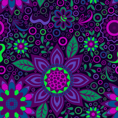 Abstract Seamless Background with Symbolical Colorful Patterns and Floral Ornaments. Vector