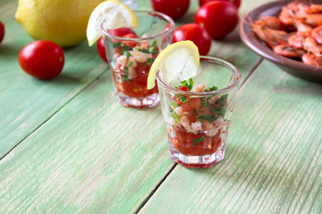 Appetizer with shrimp in small glasses