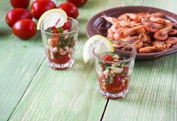 Appetizer with shrimp in small glasses
