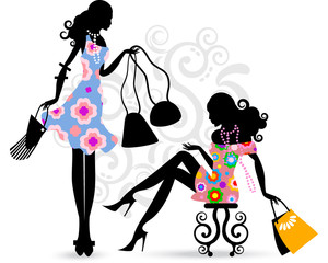 Shop assistant with bags and a pretty girl with flower dres in the shopping centre