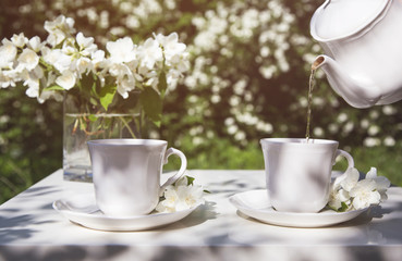 Glass teapot flow green tea jasmine tea in cup. Tea service. Tea