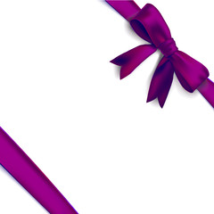 Purple isolated ribbon with bow tied to corners with a knot. Vector ornament festive background
