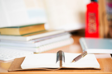 Office desk table with computer, supplies. Copy space for text