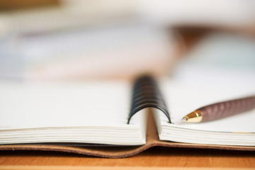 Office desk table with computer, supplies. Copy space for text