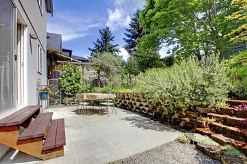 Small green fenced back yard with garden