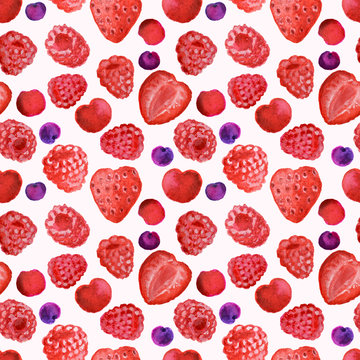Appetizing watercolor raspberries, strawberries, cherries, blueberries. Hand drawn illustration, seamless pattern