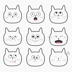 Cute black cat head set. Funny cartoon characters. Different emotions faces collection. Expression face icons Crying, happy, smiling, snoring, sad, angry kitten. Cat feelings White background.  Flat