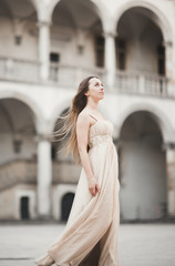 Fototapeta premium Beautiful girl, model with long hair posing in old castle near columns. Krakow Vavel