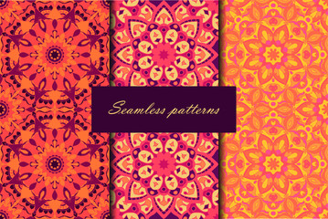 Set with three seamless patterns. Decorative vintage patterns with mandalas. Vector backgrounds