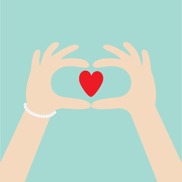 Woman hands in the form of heart. Female holding red heart shape sign. Cute cartoon character. Flat design style. Blue background.