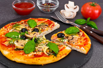 Pizza with Mushroom, Cheese, Mozzarella, Olives and Basil